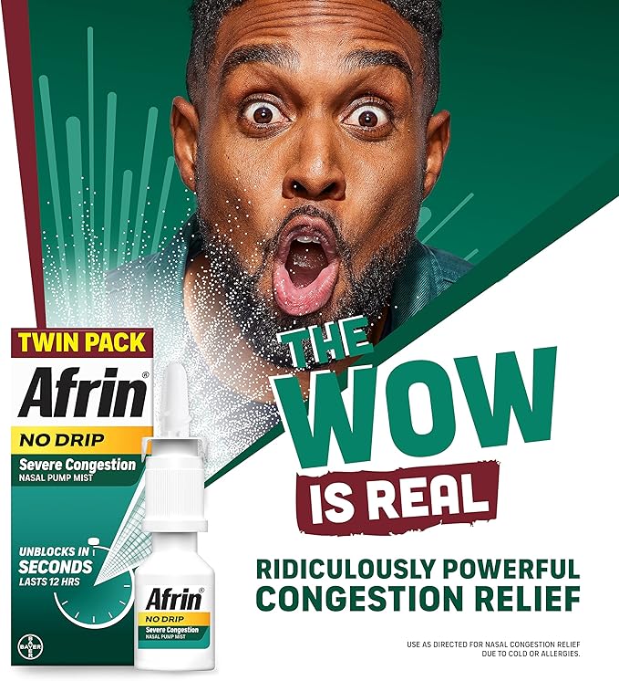 Afrin No Drip Severe Congestion Nasal Mist Spray – 12-Hour Non-Drowsy Decongestant with Menthol, Sinus Pressure Relief, 0.5 fl oz Twin Pack