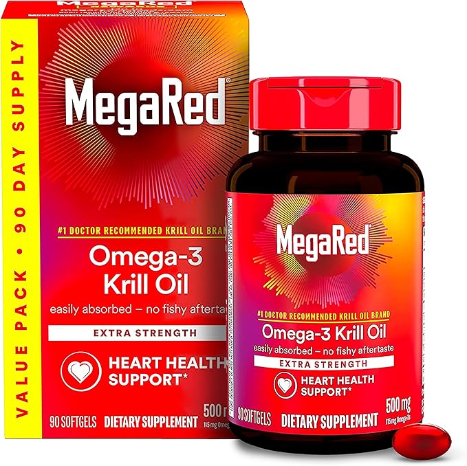 MegaRed® Antarctic Krill Oil 500mg – Extra Strength Omega-3 EPA & DHA – Heart, Joint & Brain Support – Non-GMO, Gluten-Free – 90 Softgels