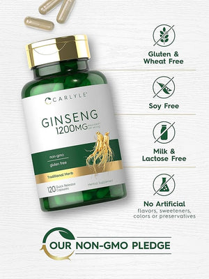 Carlyle Ginseng Extract Supplement 1200mg – Energy, Focus & Immune Support – Non-GMO, Gluten-Free – 120 Capsules
