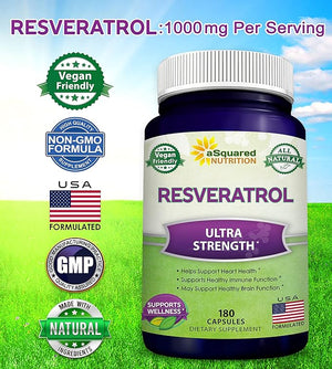 100% Natural Resveratrol 1000mg – Max Strength Antioxidant for Heart & Anti-Aging Support – Vegan, Non-GMO, Gluten-Free – 180 Capsules (90-Day Supply)
