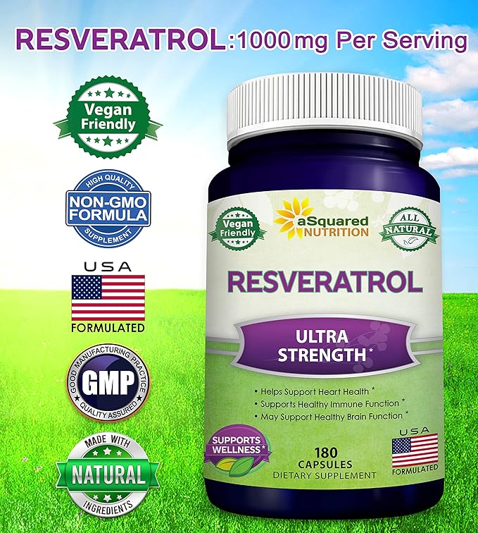 100% Natural Resveratrol 1000mg – Max Strength Antioxidant for Heart & Anti-Aging Support – Vegan, Non-GMO, Gluten-Free – 180 Capsules (90-Day Supply)