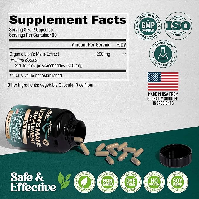 Organic Lion’s Mane Mushroom 1200mg – Fruiting Body, 25% Polysaccharides – Brain, Memory & Focus – 120 Capsules – Made in USA