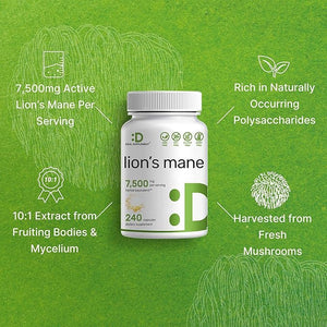 Lion’s Mane Mushroom 7,500mg – 10:1 Fruiting Body & Mycelium Brain & Immune Support – 240 Capsules – Non-GMO