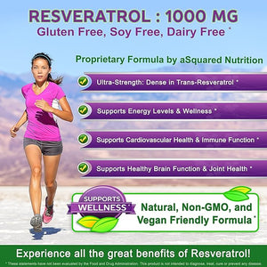 100% Natural Resveratrol 1000mg – Max Strength Antioxidant for Heart & Anti-Aging Support – Vegan, Non-GMO, Gluten-Free – 180 Capsules (90-Day Supply)