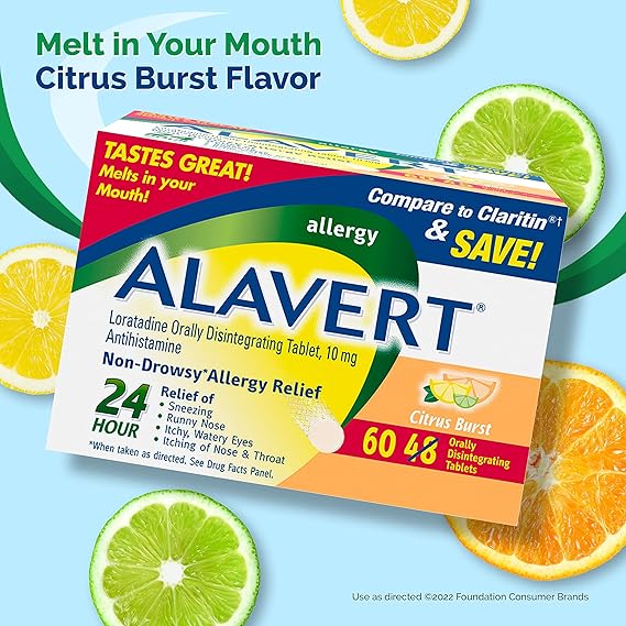 Alavert Allergy 24-Hour Relief – Citrus Flavor Orally Disintegrating Tablets – Loratadine 10mg – 60 Count