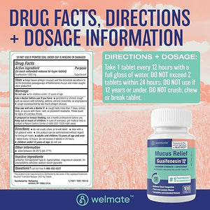 WELMATE Mucus Relief, 100 Tablets – 1200mg Guaifenesin Expectorant – 12-Hour Chest Congestion Relief