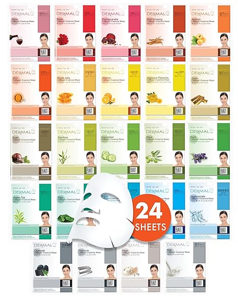 DERMAL Korean Collagen Face Mask – 24-Pack Hydrating & Soothing Sheet Masks with Panthenol – Hypoallergenic, Calming, Moisturizing K-Beauty Variety Set