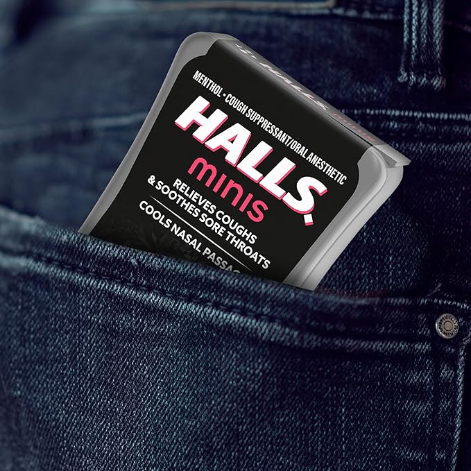 HALLS Minis Sugar Free Cough Drops – Watermelon Flavor – 24 Count – Menthol Lozenges to Soothe Sore Throat, Relieve Cough & Cool Nasal Passages – Pocket-Size Flip-Top Pack