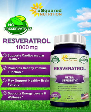 100% Natural Resveratrol 1000mg – Max Strength Antioxidant for Heart & Anti-Aging Support – Vegan, Non-GMO, Gluten-Free – 180 Capsules (90-Day Supply)