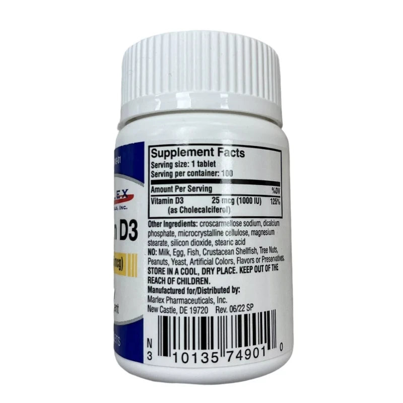 Marlex Vitamin D3 1000 IU (25 mcg) – High-Potency Immune & Bone Support Supplement – 100 Easy-to-Swallow Tablets – Daily D3 for Calcium Absorption & Mood Balance
