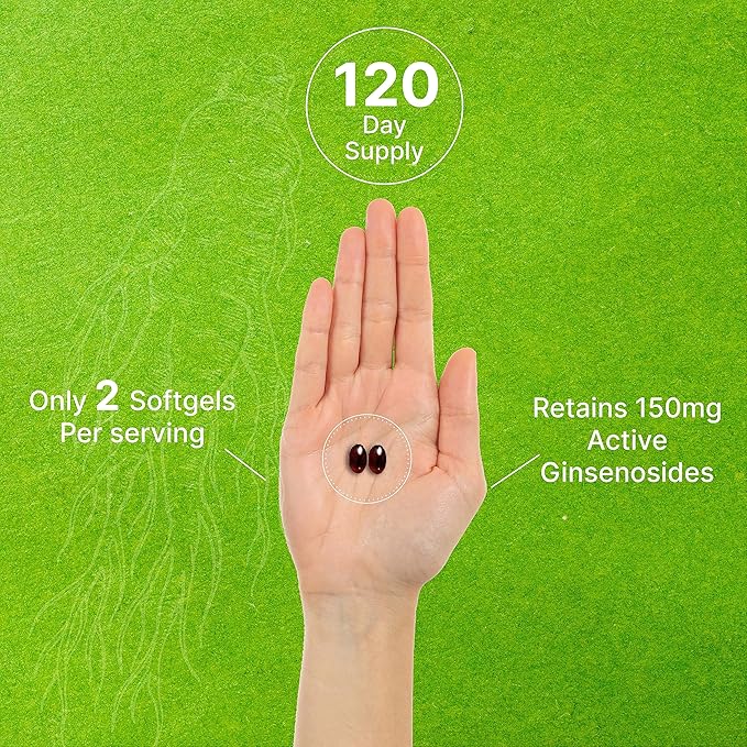 Korean Red Panax Ginseng Root Extract 7500mg – High Strength with 150mg Active Ginsenosides – Energy & Immune Support – Non-GMO, Gluten-Free – 240 Softgels