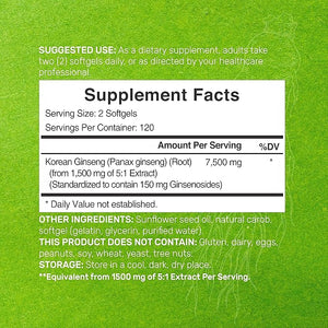 Korean Red Panax Ginseng Root Extract 7500mg – High Strength with 150mg Active Ginsenosides – Energy & Immune Support – Non-GMO, Gluten-Free – 240 Softgels