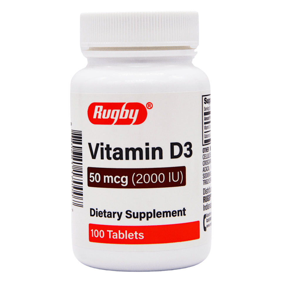 Rugby Vitamin D3 2000 IU Tablets for Immune Bone and Muscle Health Support Daily Supplement 50 mcg 100 Count