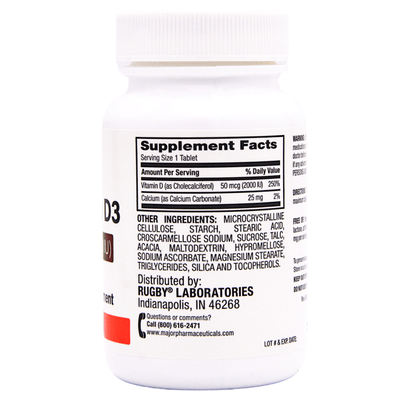 Rugby Vitamin D3 2000 IU Tablets for Immune Bone and Muscle Health Support Daily Supplement 50 mcg 100 Count