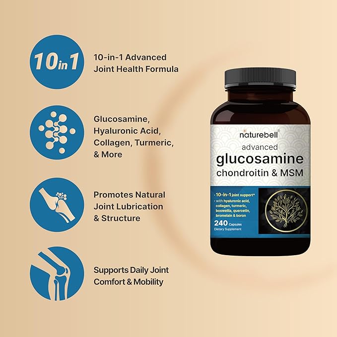 10-in-1 Glucosamine Chondroitin MSM Joint Support – Collagen, Turmeric, Boswellia, Hyaluronic Acid & More – Non-GMO – 240 Capsules